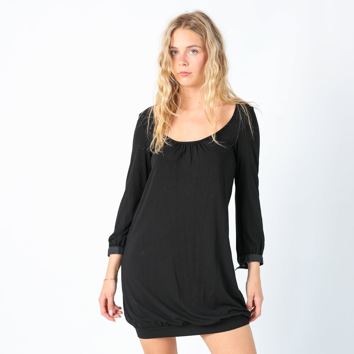 Black Y2K Woven Mini Dress Adjustable Length (S)