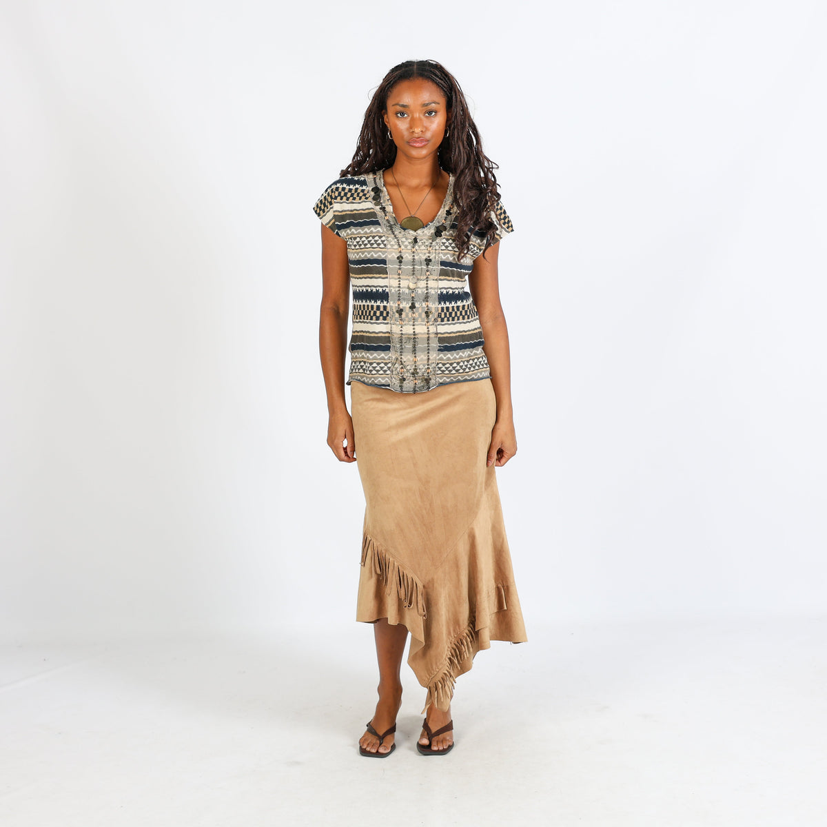 Tan Y2K Made in Italy Woven Midi Skirt (L)