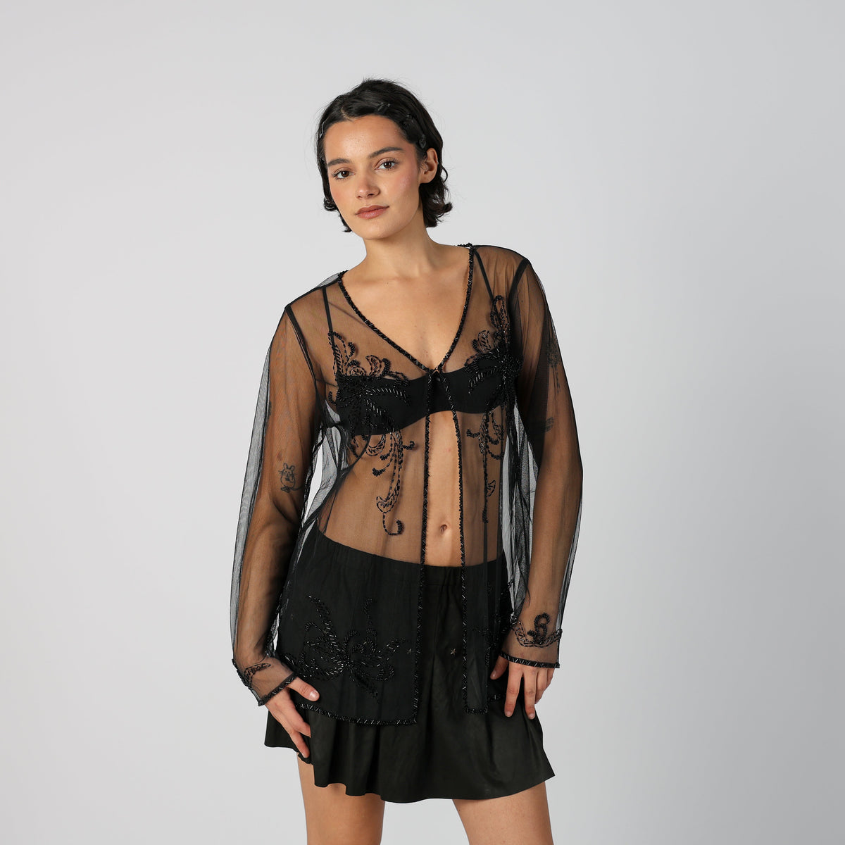 Black Y2K Long Sleeve Top Sheer (M)