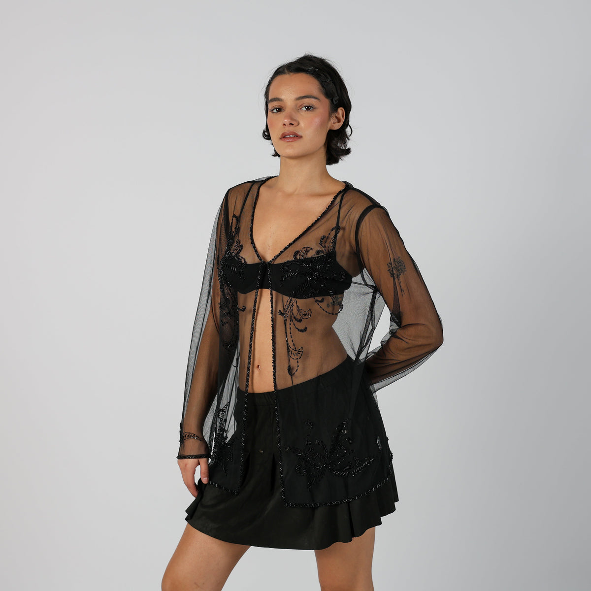 Black Y2K Long Sleeve Top Sheer (M)