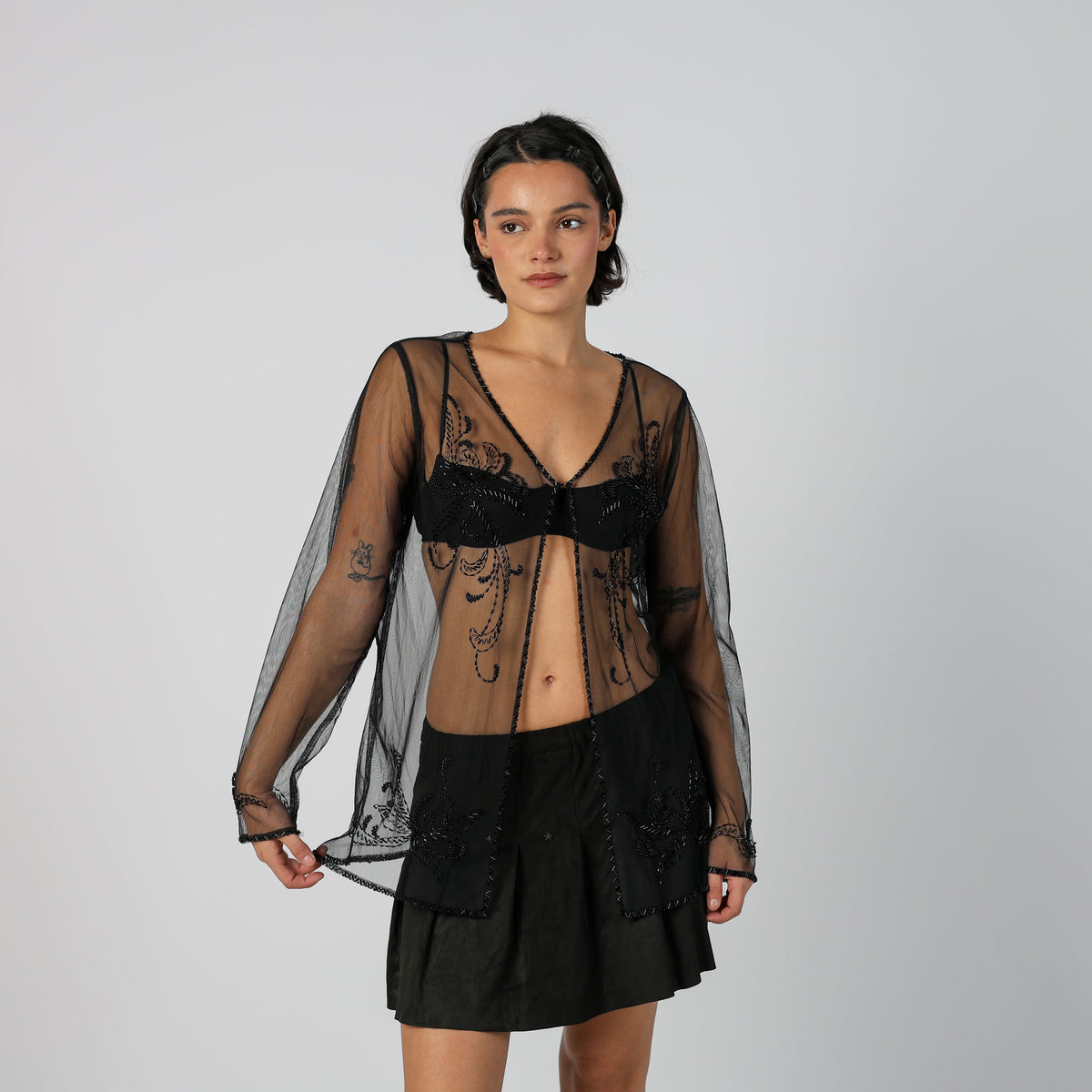 Black Y2K Long Sleeve Top Sheer (M)