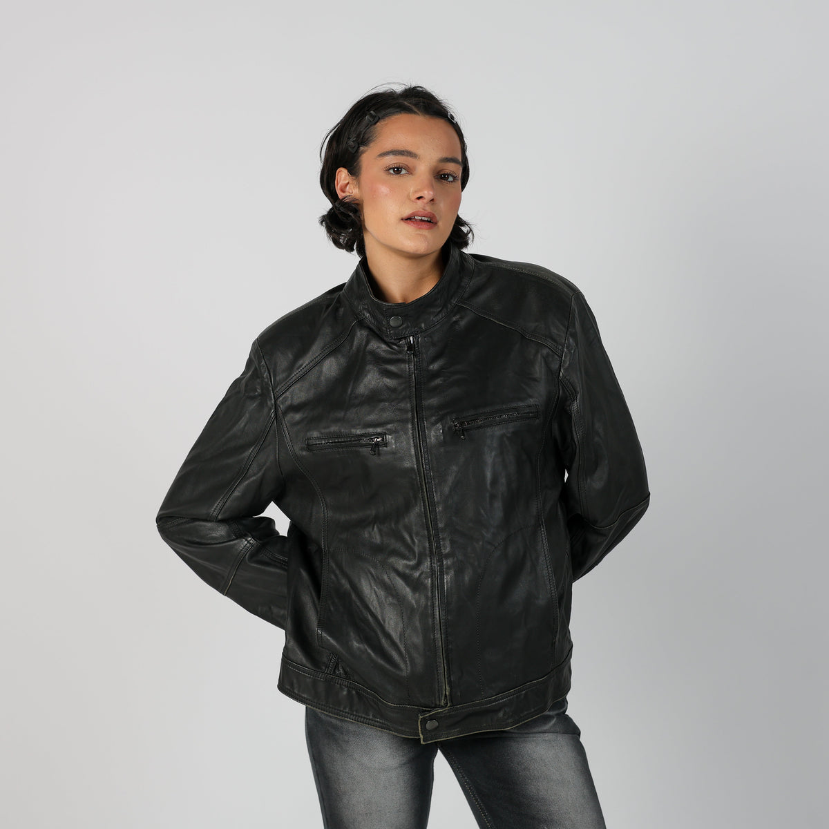 Black Y2K Made in Italy Leather Jacket (L)