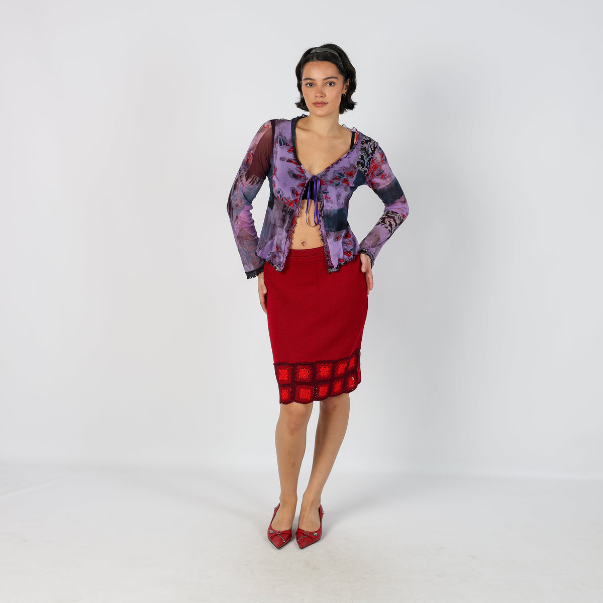 Red Y2K Woven Midi Skirt (XS)