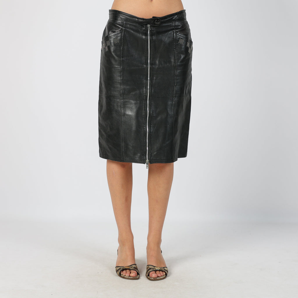 Black 90s Made in Italy Leather Midi Skirt (S)