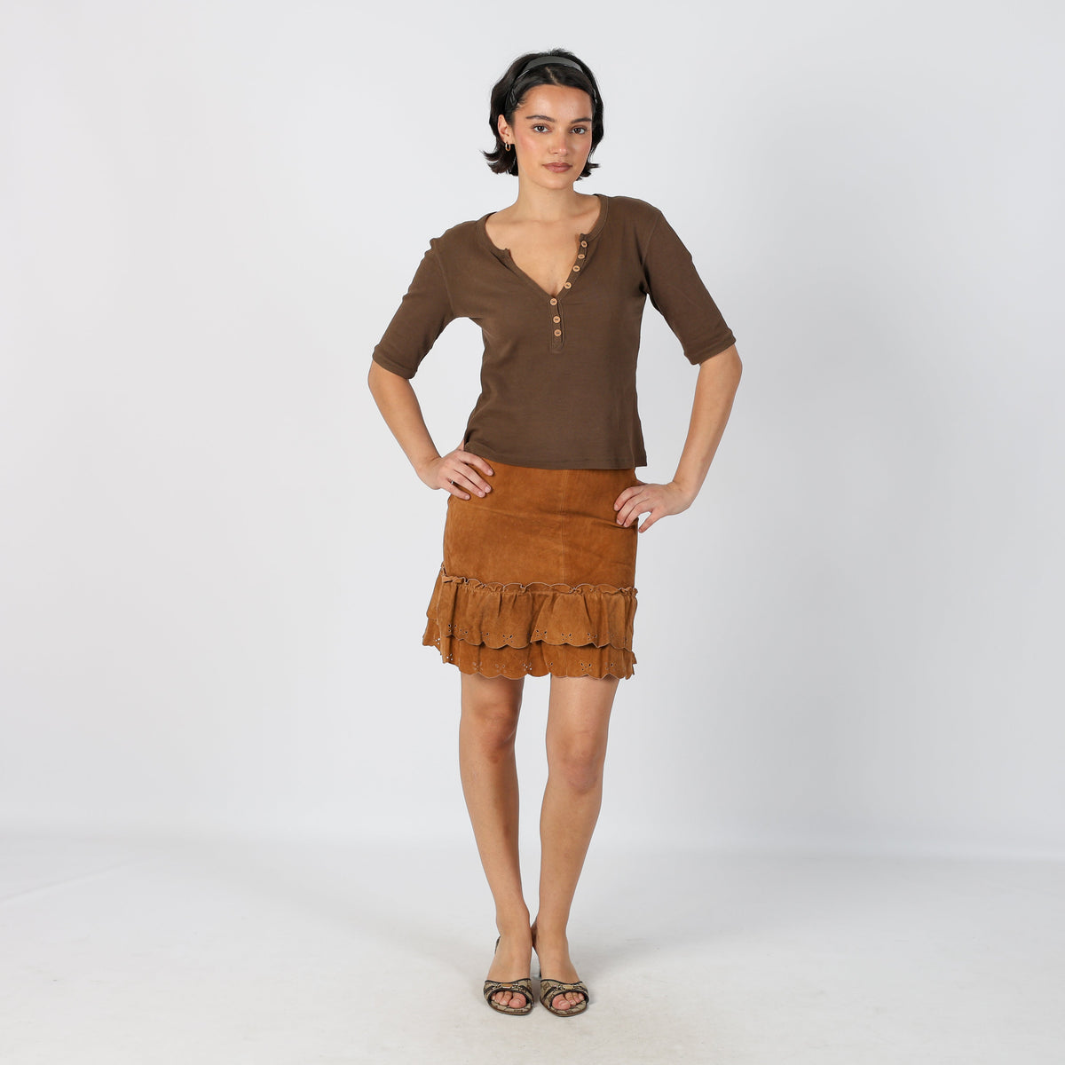 Tan Y2K Made in Italy Leather Mini Skirt (XXS)