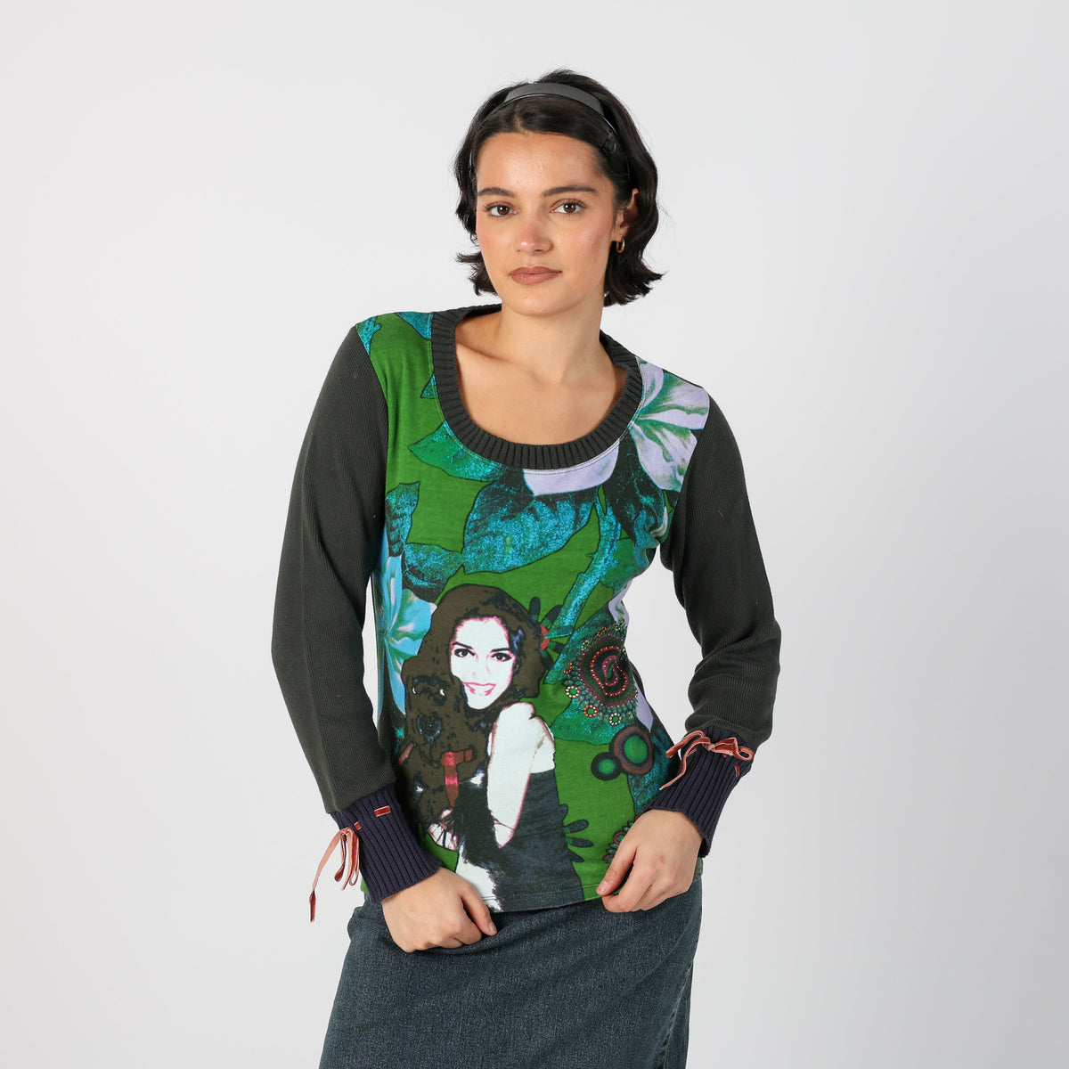 Charcoal Grey Y2K Desigual Long Sleeve Top (S)