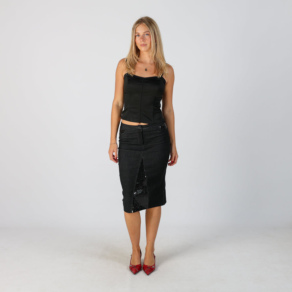 Black Y2K Denim Midi Skirt (XS)