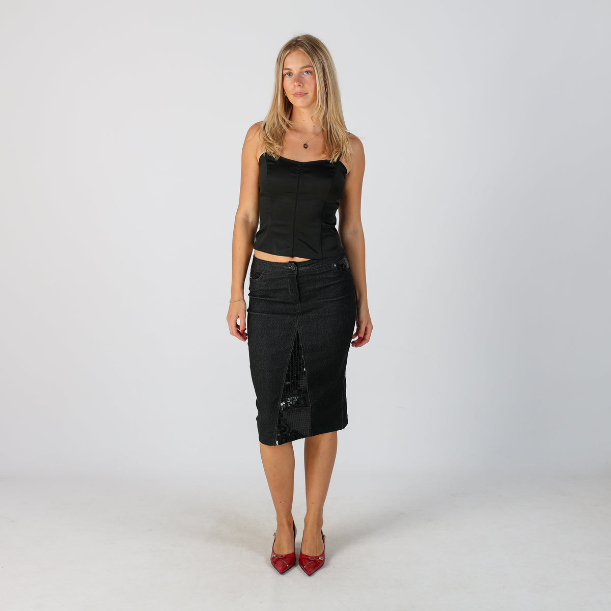 Black Y2K Denim Midi Skirt (XS)