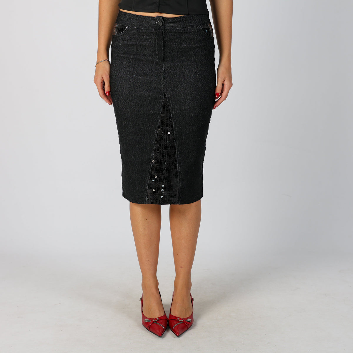 Black Y2K Denim Midi Skirt (XS)