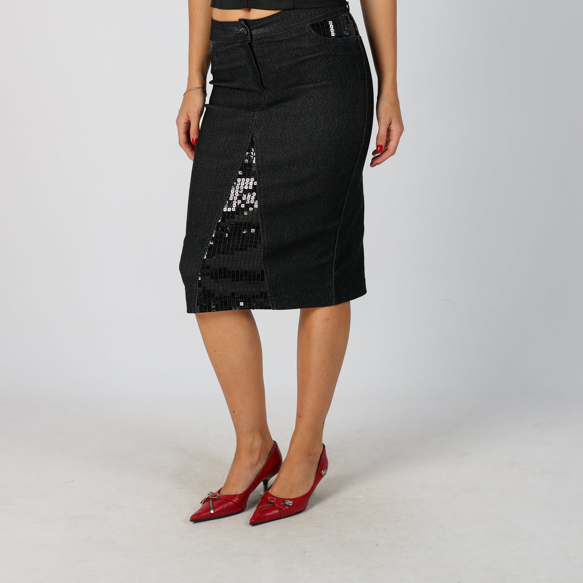 Black Y2K Denim Midi Skirt (XS)