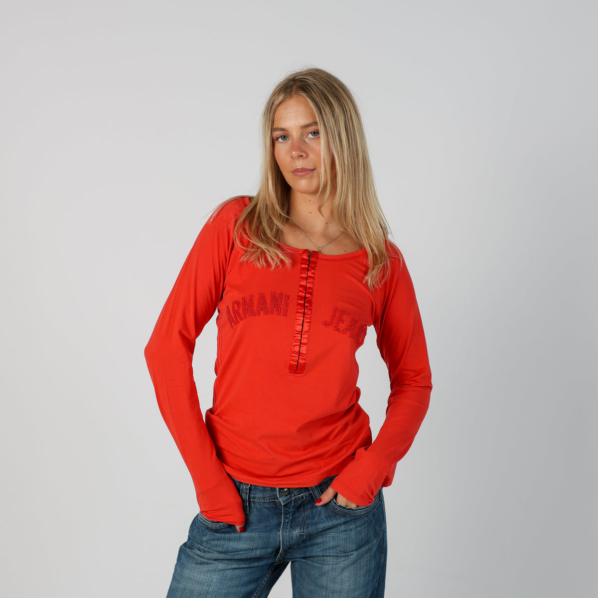 Coral Y2K Armani Jeans Long Sleeve Top (M)