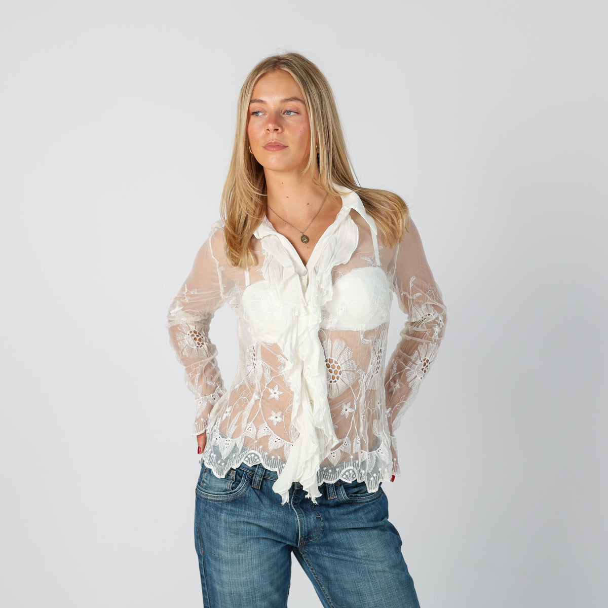 White Y2K Long Sleeve Top Sheer (S)