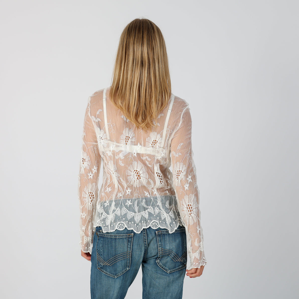 White Y2K Long Sleeve Top Sheer (S)