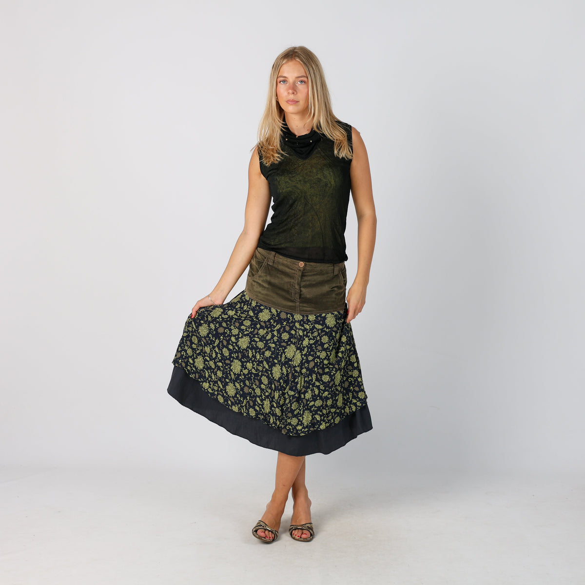 Khaki Green Y2K Woven Midi Skirt (S)