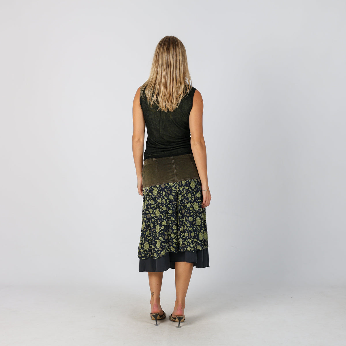 Khaki Green Y2K Woven Midi Skirt (S)