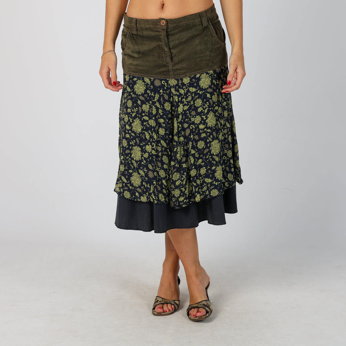 Khaki Green Y2K Woven Midi Skirt (S)