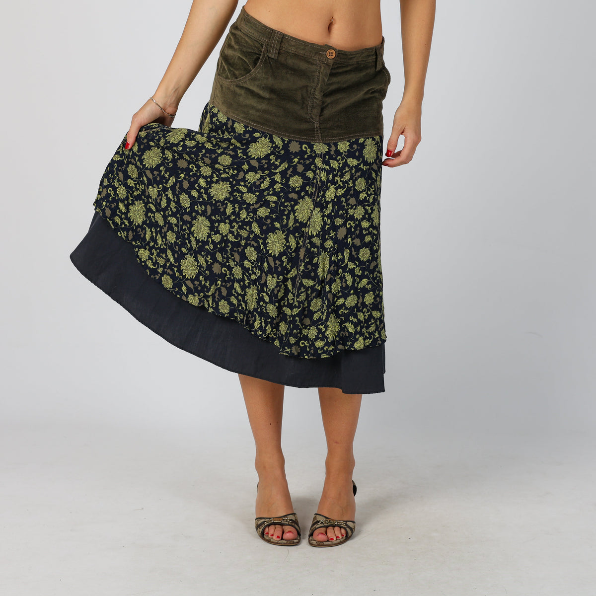 Khaki Green Y2K Woven Midi Skirt (S)