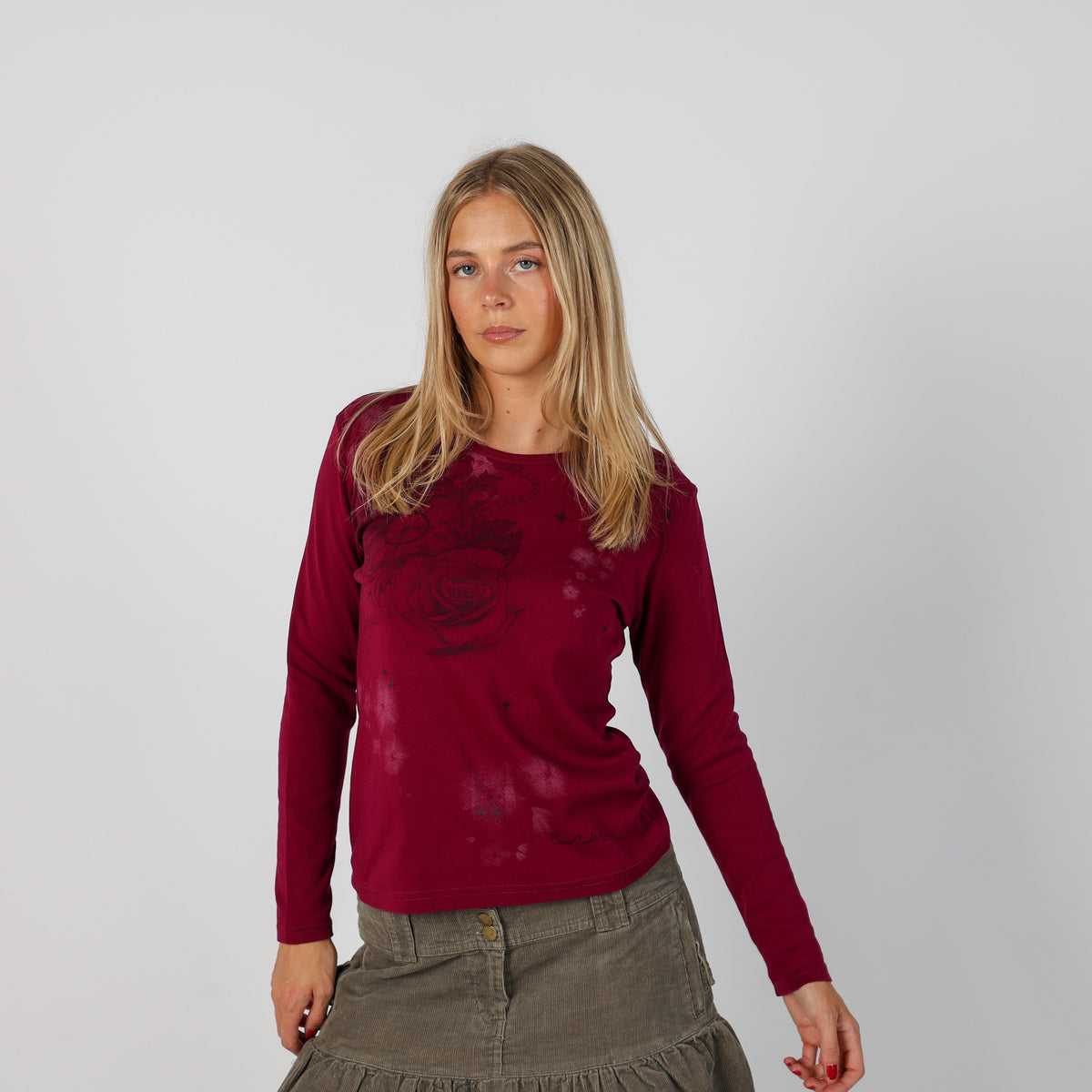 Burgundy Red Y2K Pierre Cardin Long Sleeve Top (S)