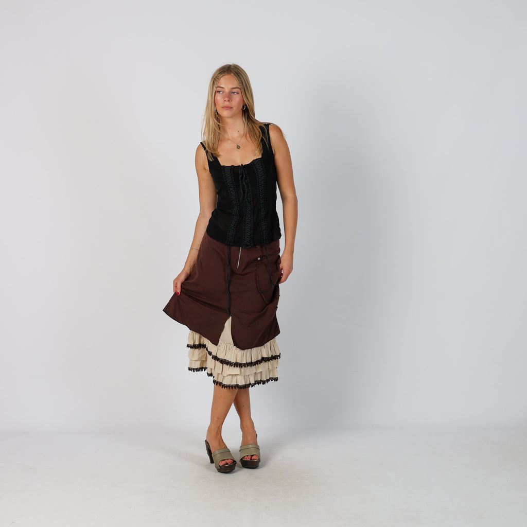 Brown Y2K Woven Midi Skirt (S)