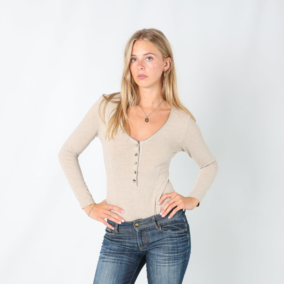 Beige 90s Rosso Diva Long Sleeve Top Bodysuit (M)