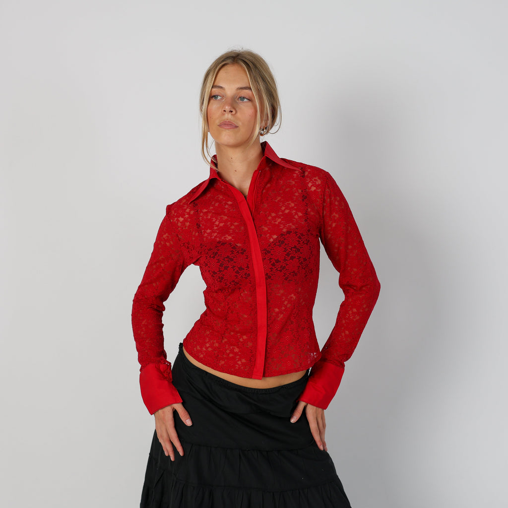Red Y2K Wan Li Blouse Sheer (S)