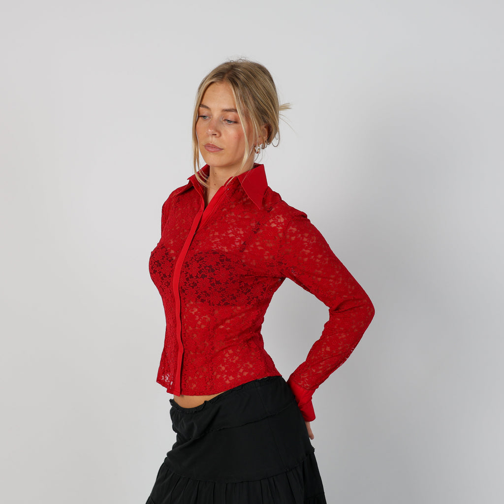 Red Y2K Wan Li Blouse Sheer (S)