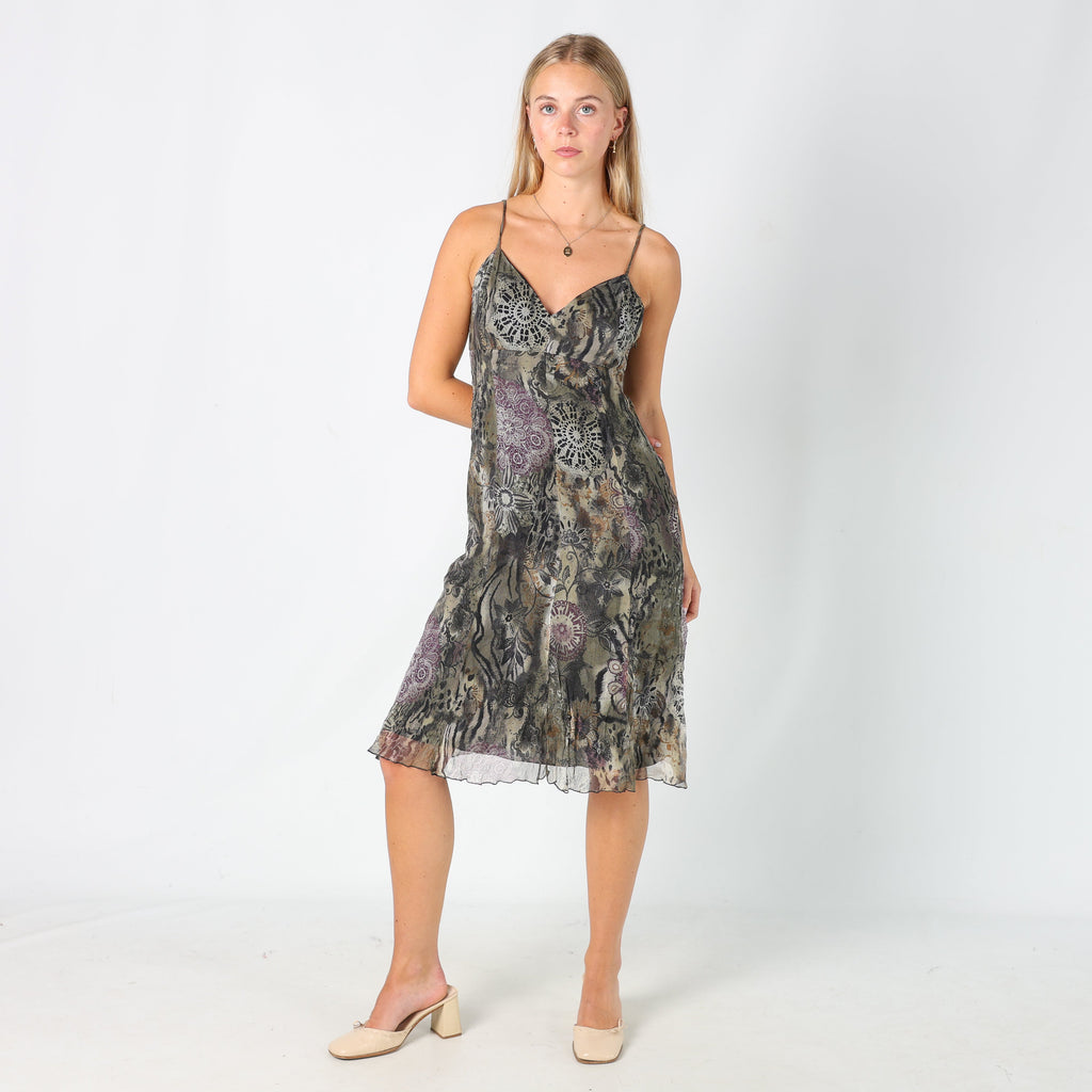 Dark Green Y2K Camomilla Woven Midi Dress Floral (M)
