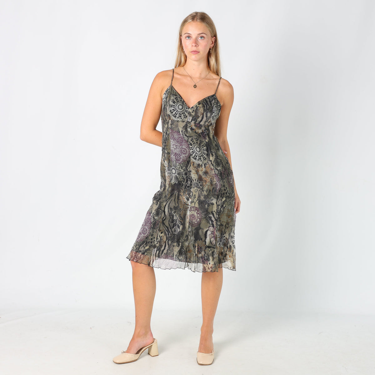 Dark Green Y2K Camomilla Woven Midi Dress Floral (M)