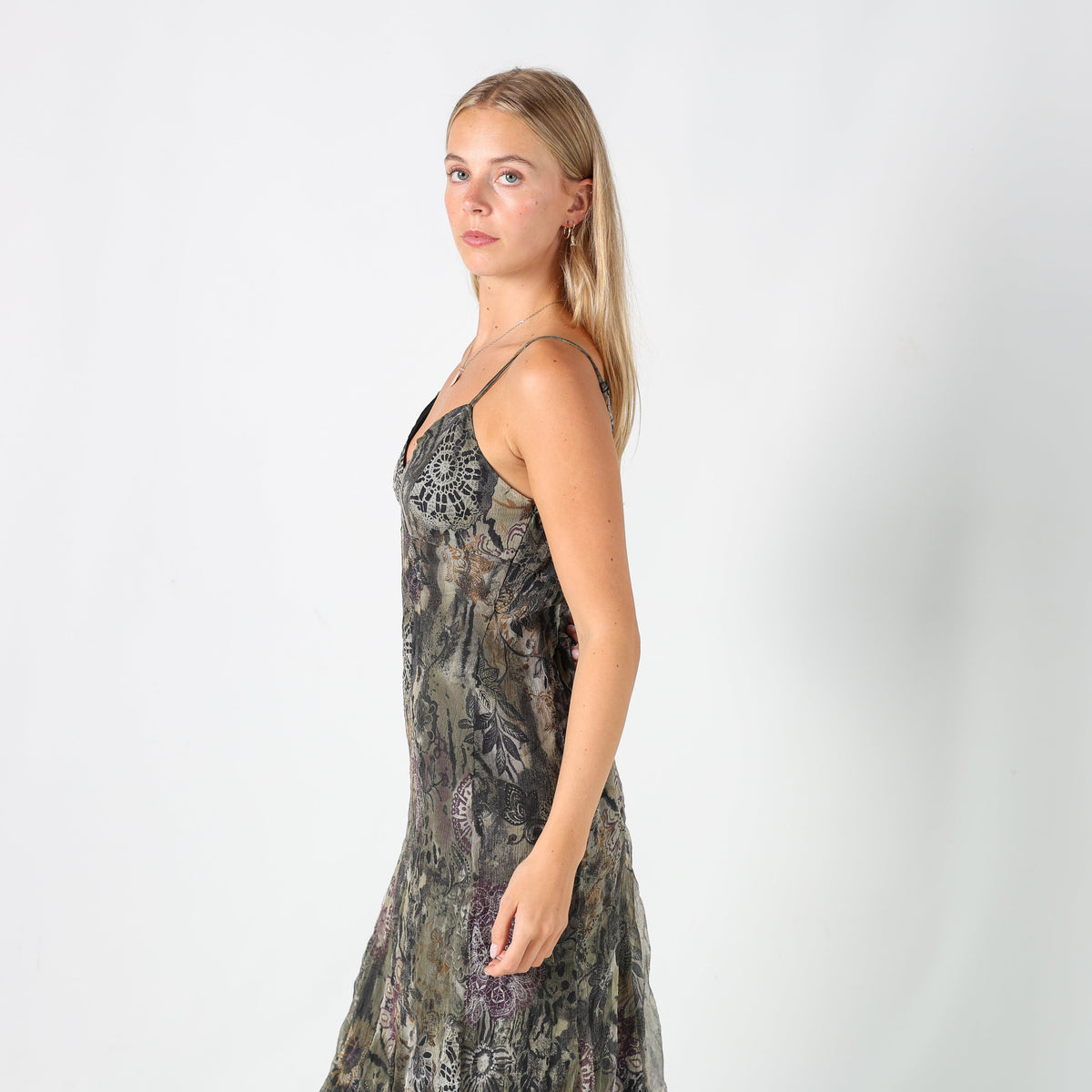 Dark Green Y2K Camomilla Woven Midi Dress Floral (M)