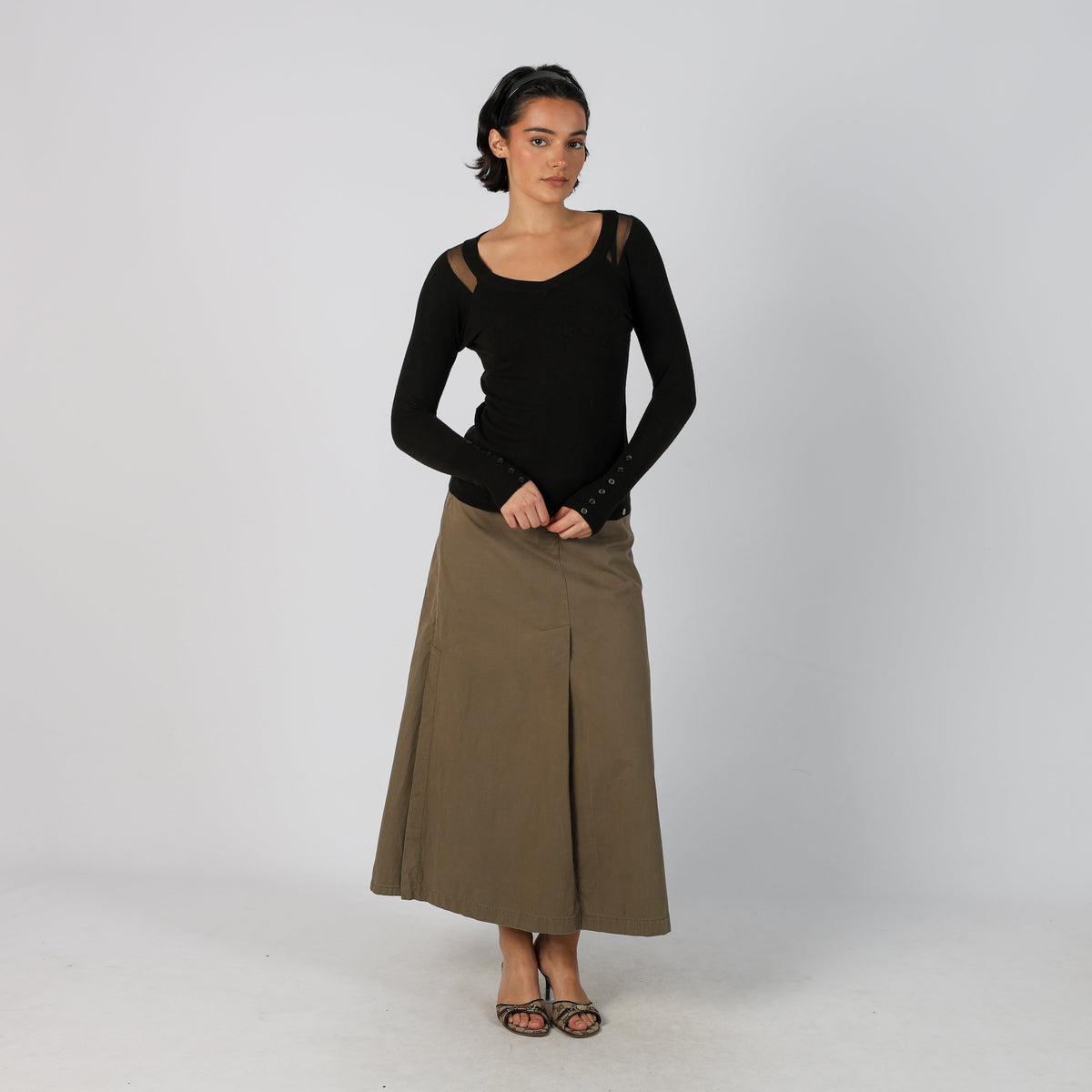 Khaki Green Y2K Max Mara Woven Maxi Skirt (8)