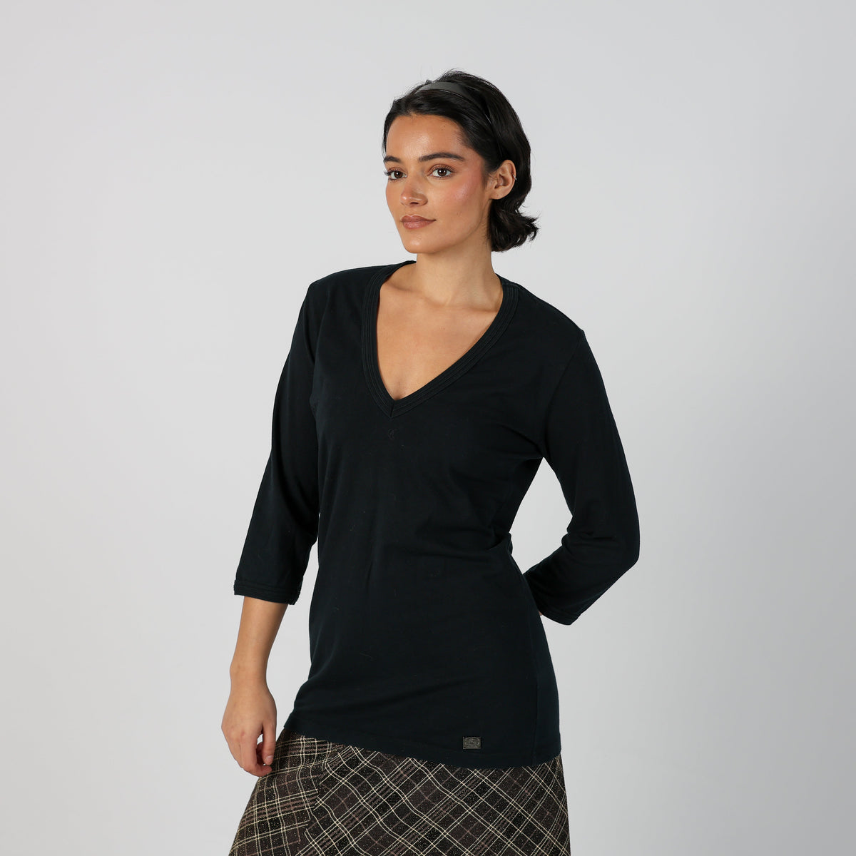 Black Y2K Burberry Woven Top 3/4 sleeve (L)