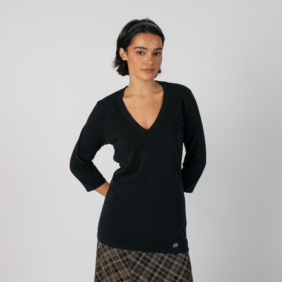 Black Y2K Burberry Woven Top 3/4 sleeve (L)