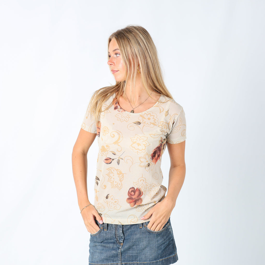 Beige Y2K Excise Blouse Floral Semi Sheer (L)