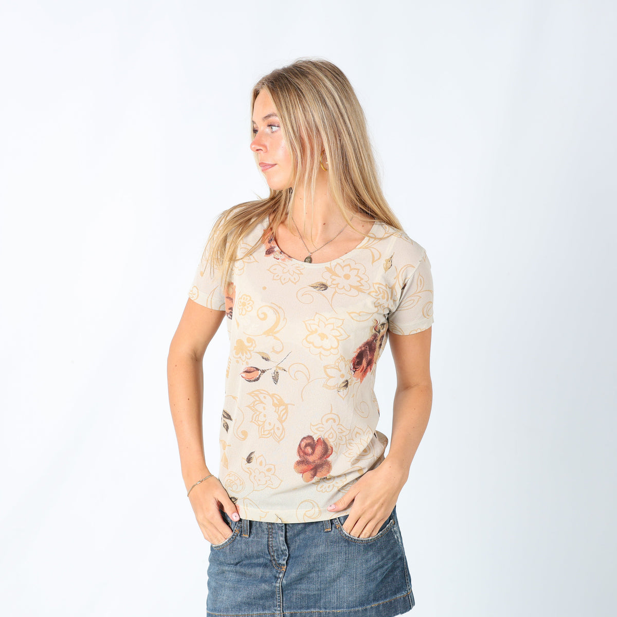 Beige Y2K Excise Blouse Floral Semi Sheer (L)