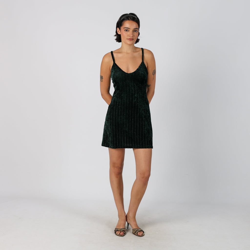 Dark Green Y2K Woven Mini Dress (XS)
