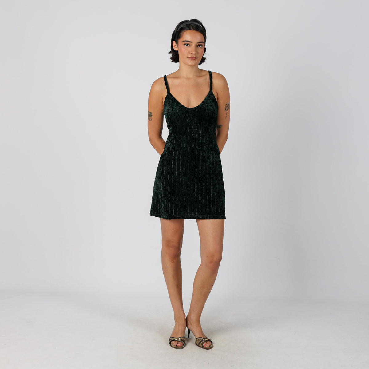 Dark Green Y2K Woven Mini Dress (XS)