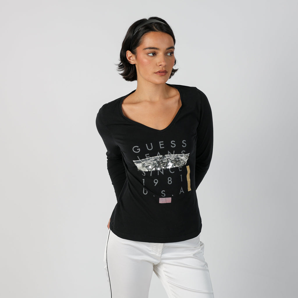 Black Y2K Guess Long Sleeve Top (M)