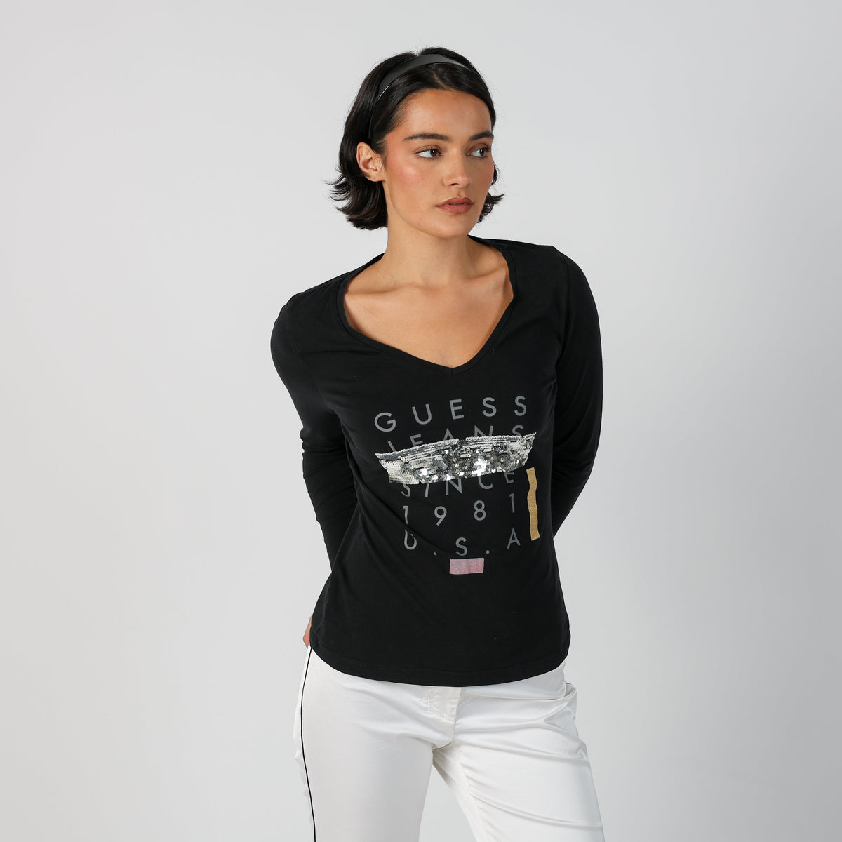Black Y2K Guess Long Sleeve Top (M)