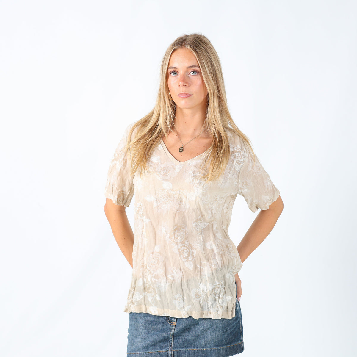 Beige Y2K Blouse Semi Sheer Floral (M)