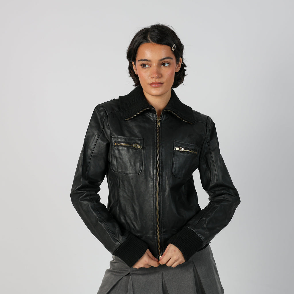 Black Y2K OVS Leather Jacket (M)