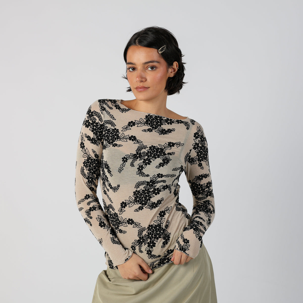 Beige Y2K Mesh Top Semi sheer (S)