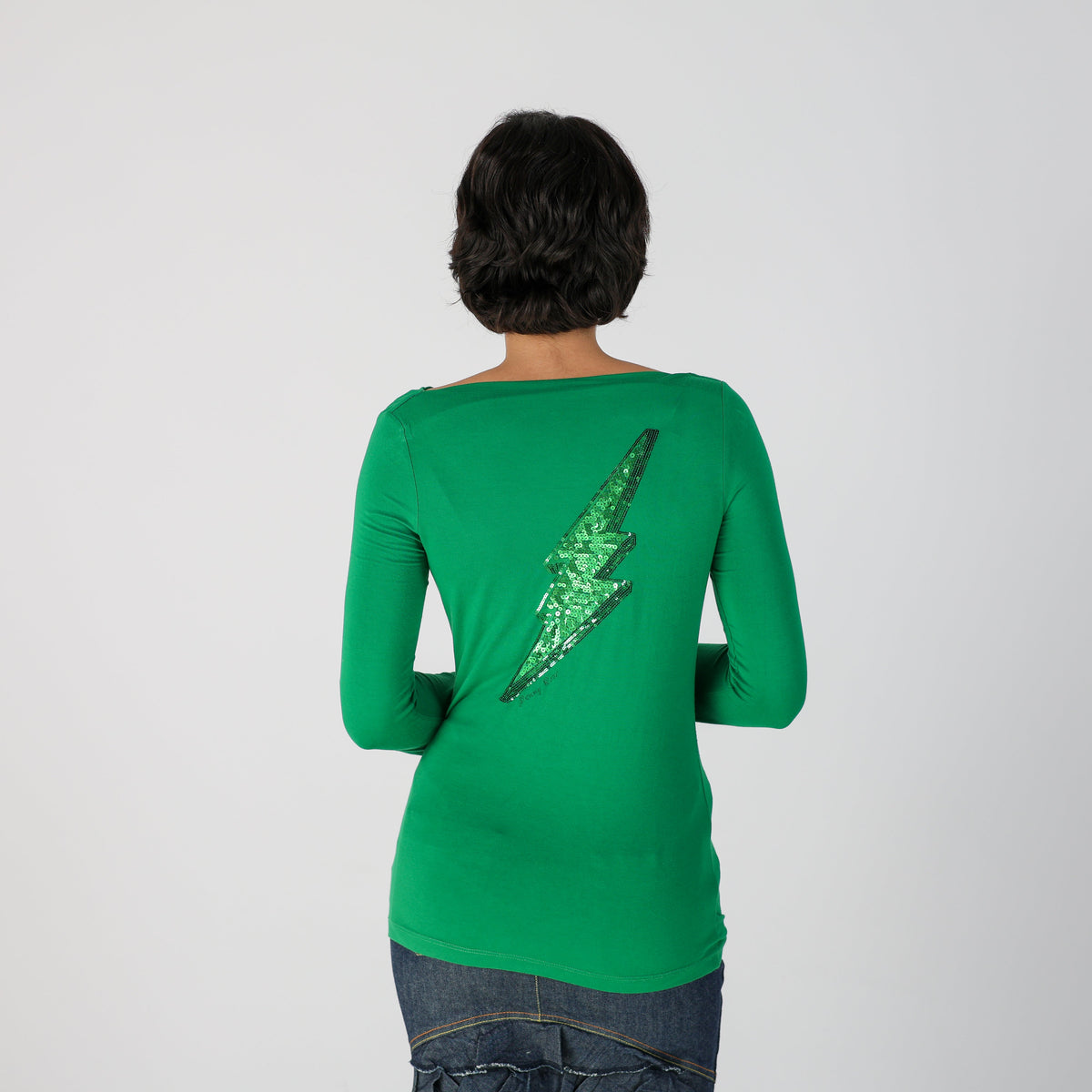 Dark Green Y2K Made in Italy Long Sleeve Top Lightening Bolt (S)