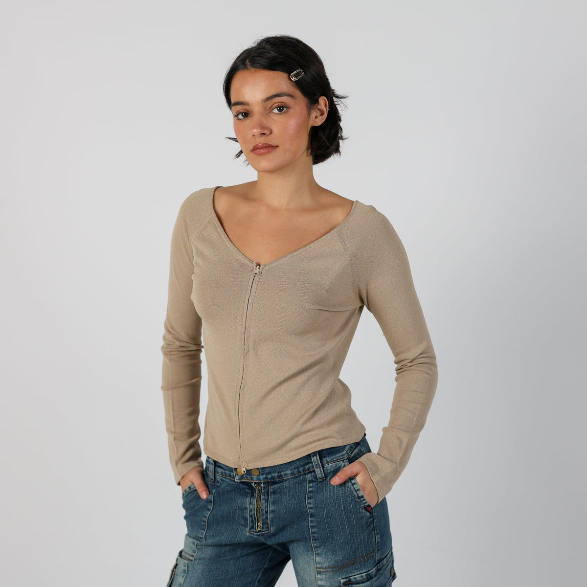 Beige Y2K Long Sleeve Top (S)
