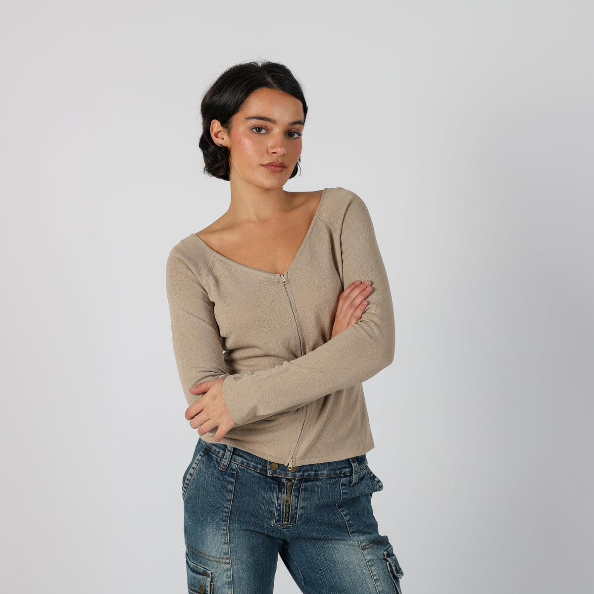 Beige Y2K Long Sleeve Top (S)