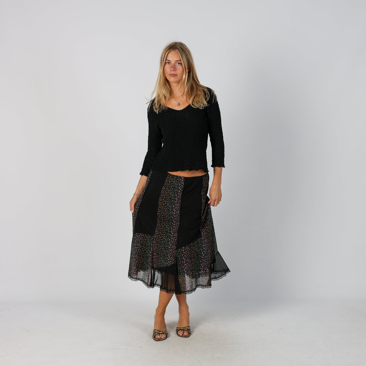 Black Y2K Made in Italy Woven Midi Skirt (S)