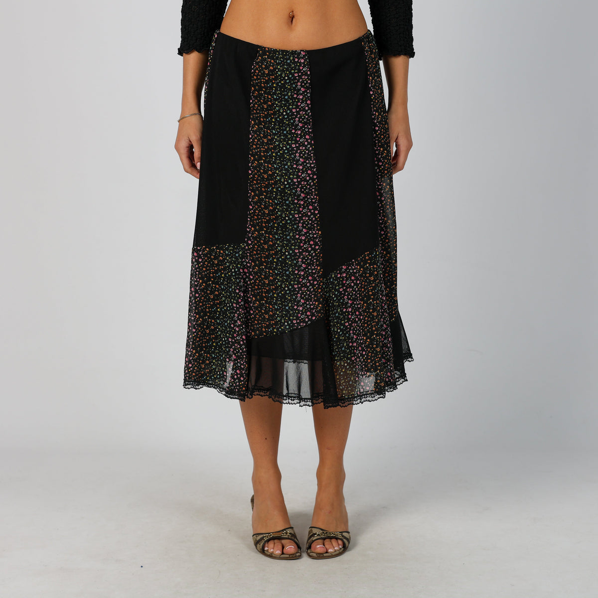 Black Y2K Made in Italy Woven Midi Skirt (S)