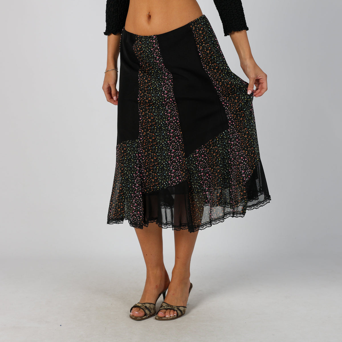 Black Y2K Made in Italy Woven Midi Skirt (S)