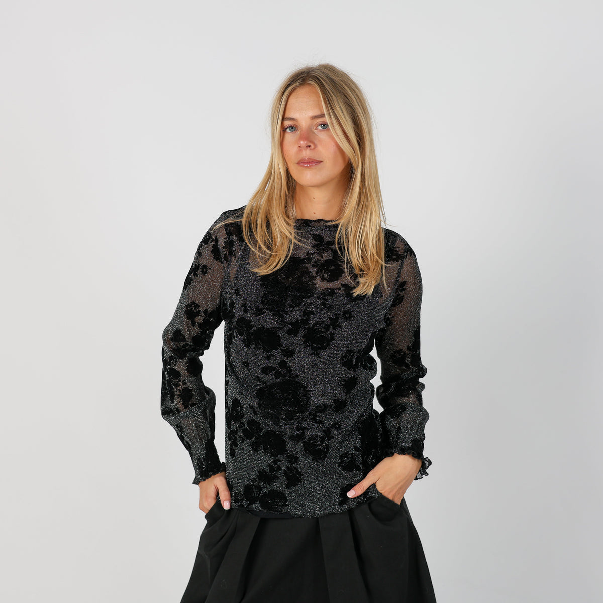 Black Y2K Long Sleeve Top Semi Sheer (S)