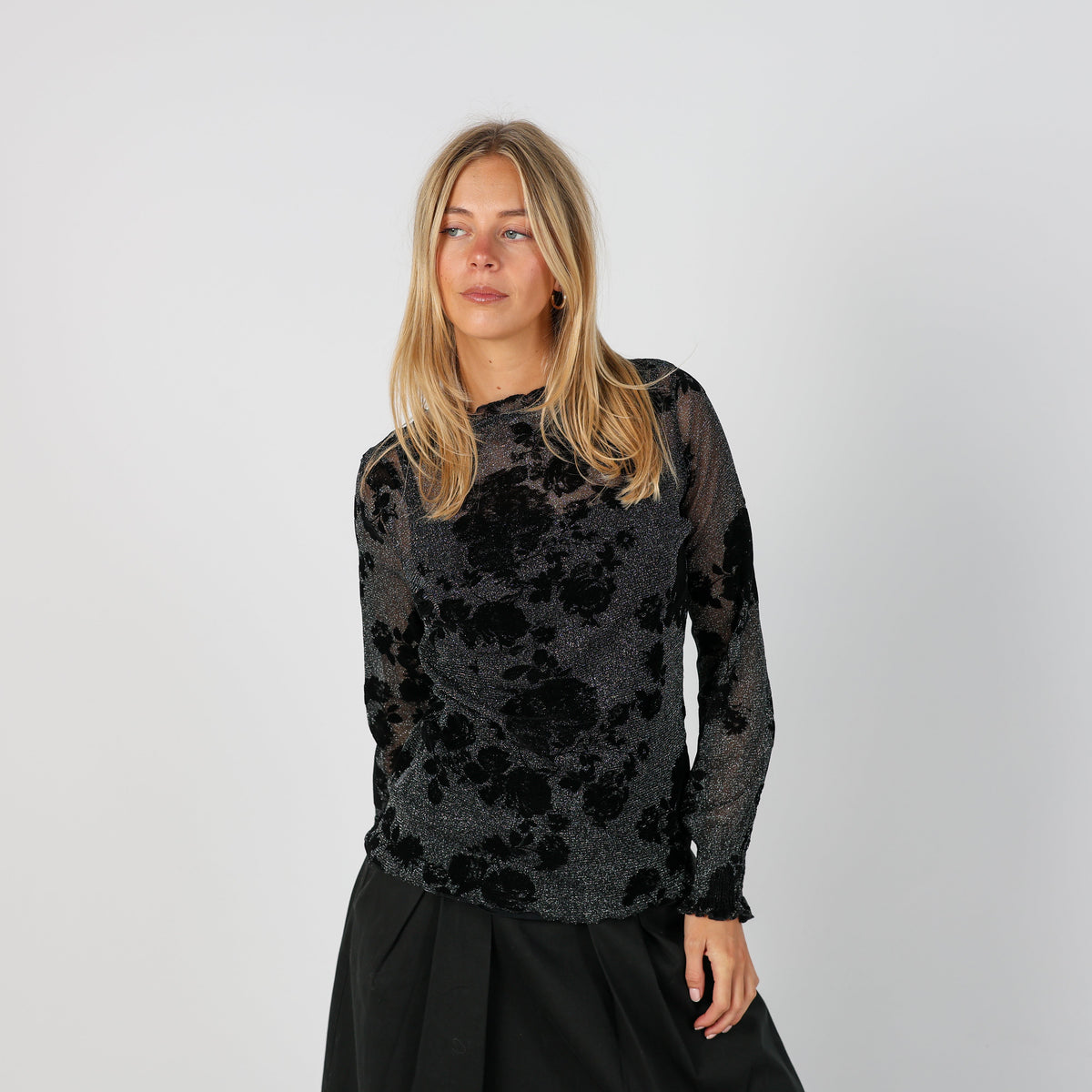 Black Y2K Long Sleeve Top Semi Sheer (S)