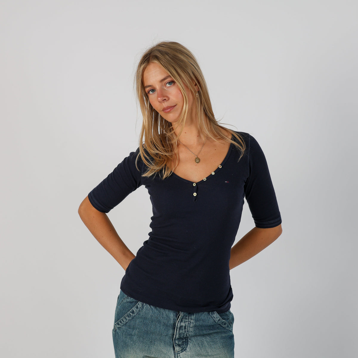 Navy Blue Y2K Tommy Hilfiger Long Sleeve Top (S)